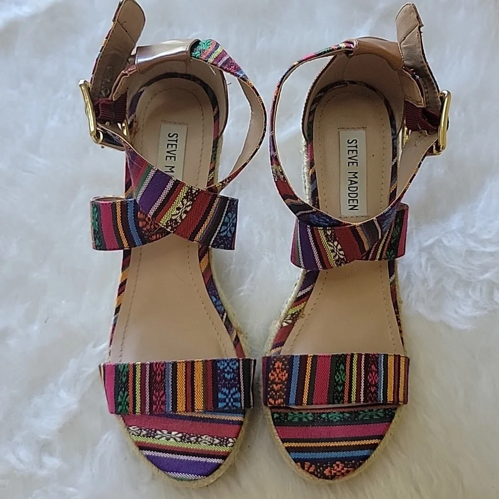 STEVE MADDEN Southwestern Colorful Striped Open Toe Ankle Strap Boho Espadrilles
